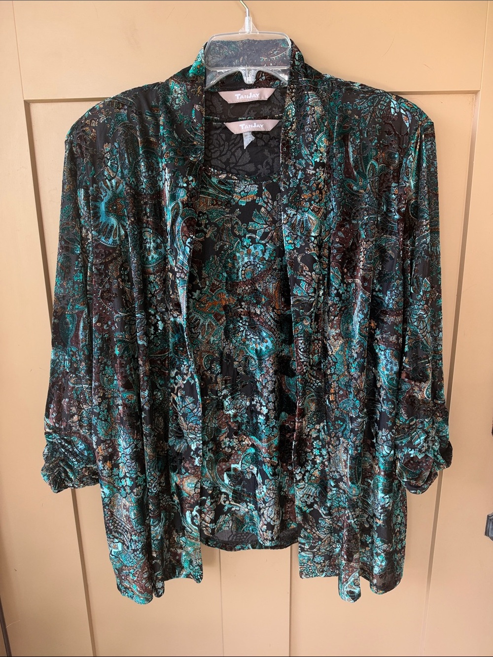 TanJay XL Teal Floral Burnout Velvet Open Cardigan & Top Twinset